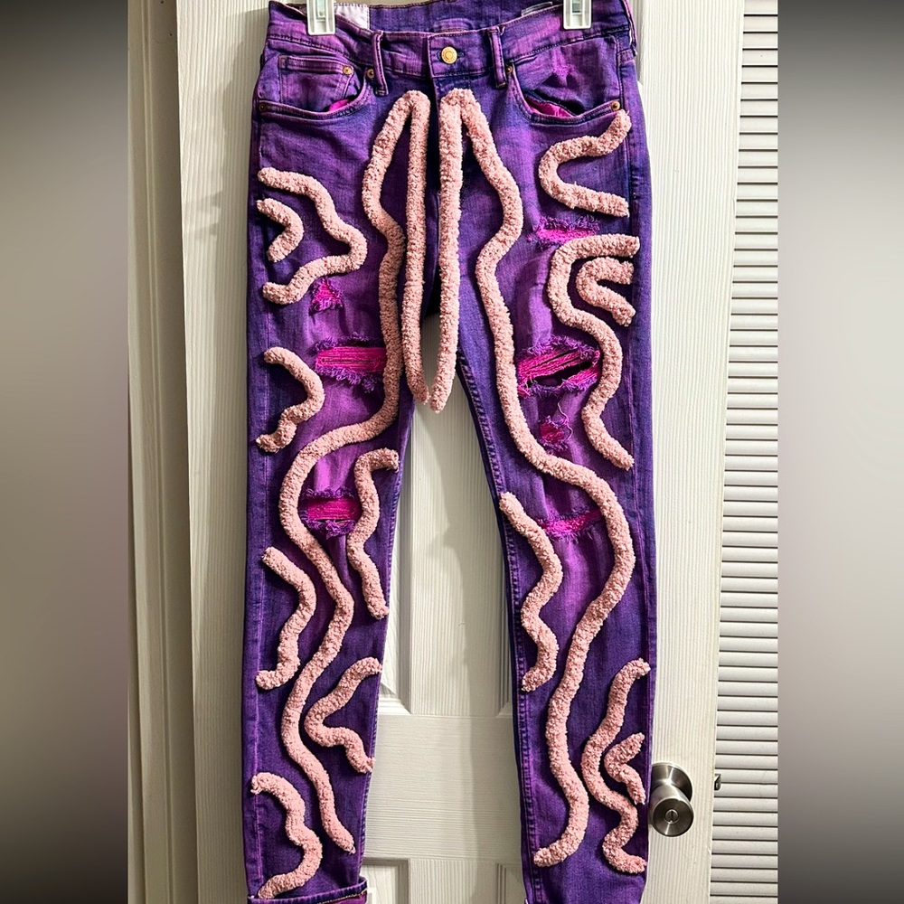 custom dyed up cycled pink yarn jeans. pink denim distressed